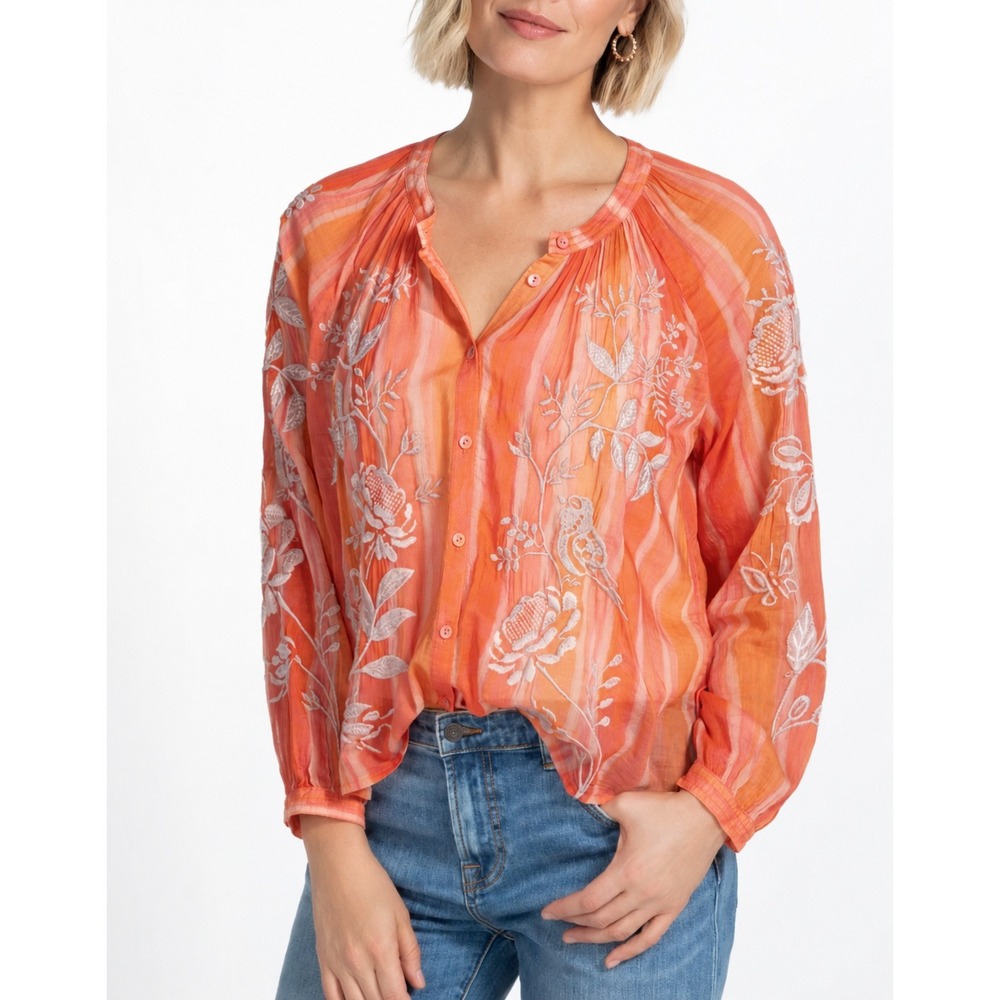 Johnny Was Workshop Harlow Raglan Poet Shirt Embroidered Silk Orange L Boho